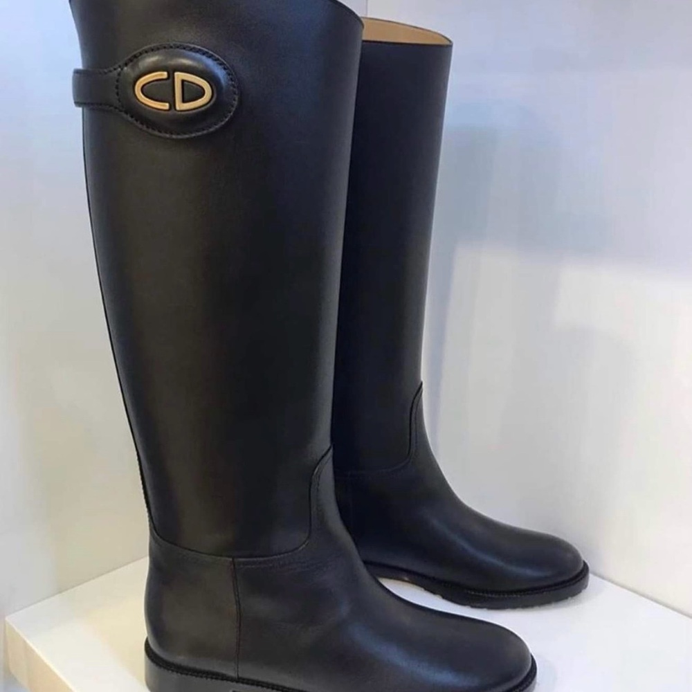 Dior Black Leather Over-the-Knee Riding Boots with CD Medallion